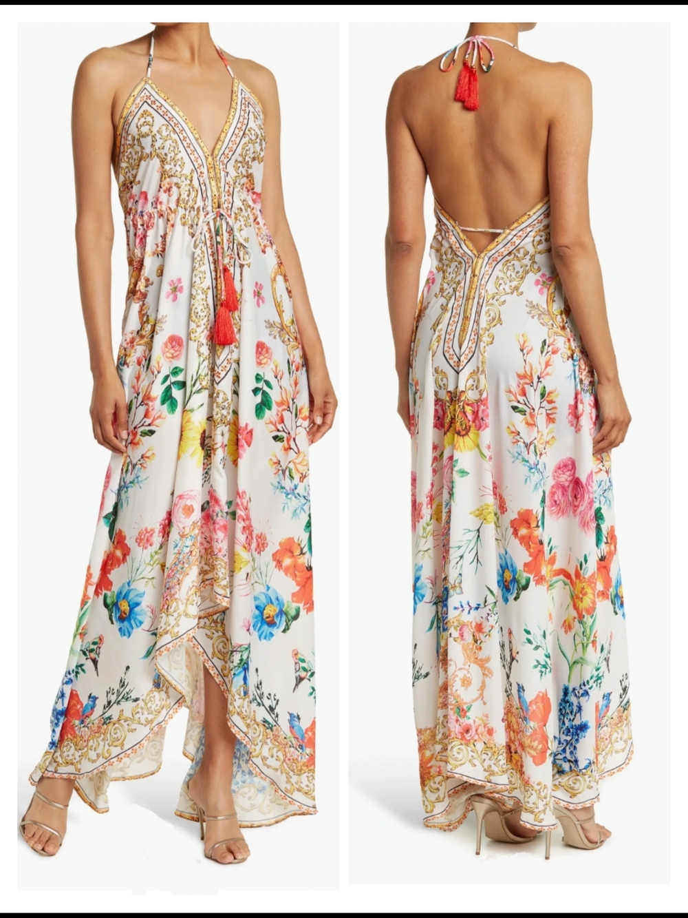 Ranees White Floral Halter High-Low Maxi Dress with Red Tassel